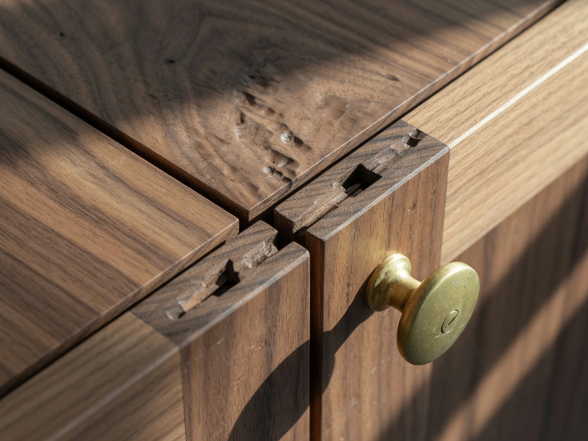 Close-up of walnut inset cabinet doors and brass hardware