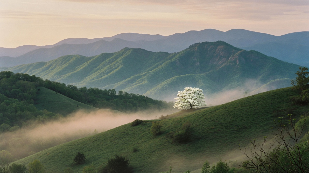 Blue Ridge foothills near Tryon with a flowering dogwood