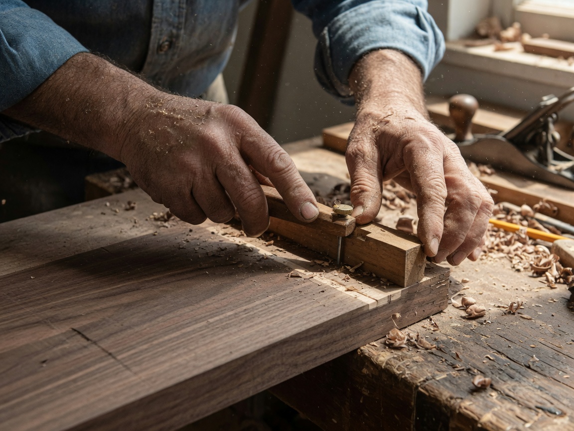 A craftsman’s hands marking walnut with a gauge