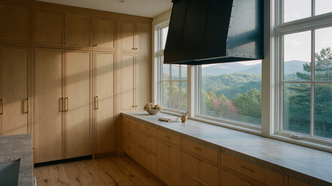 White oak kitchen cabinetry with a custom blackened-steel range hood and Blue Ridge views