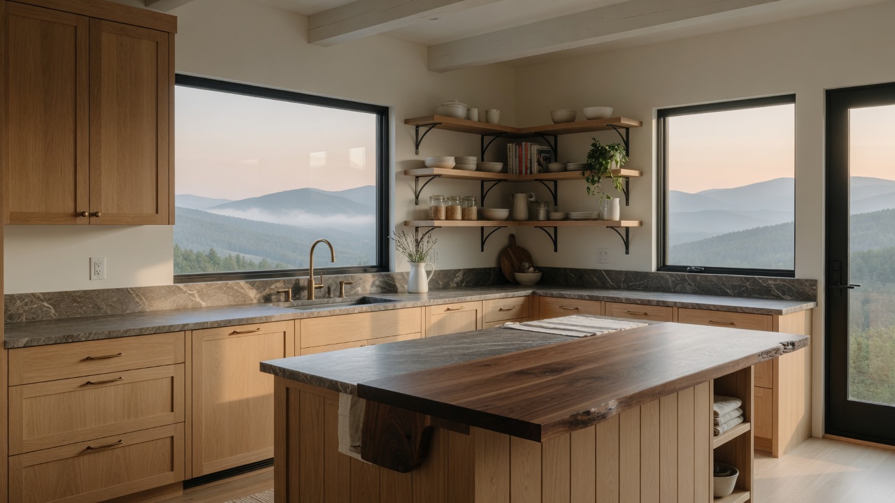 Open kitchen with white oak cabinets and a walnut island
