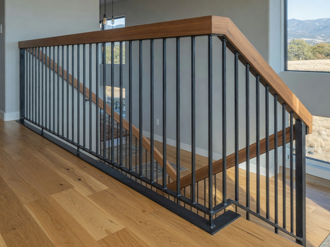Blackened steel stair railing with walnut handrail