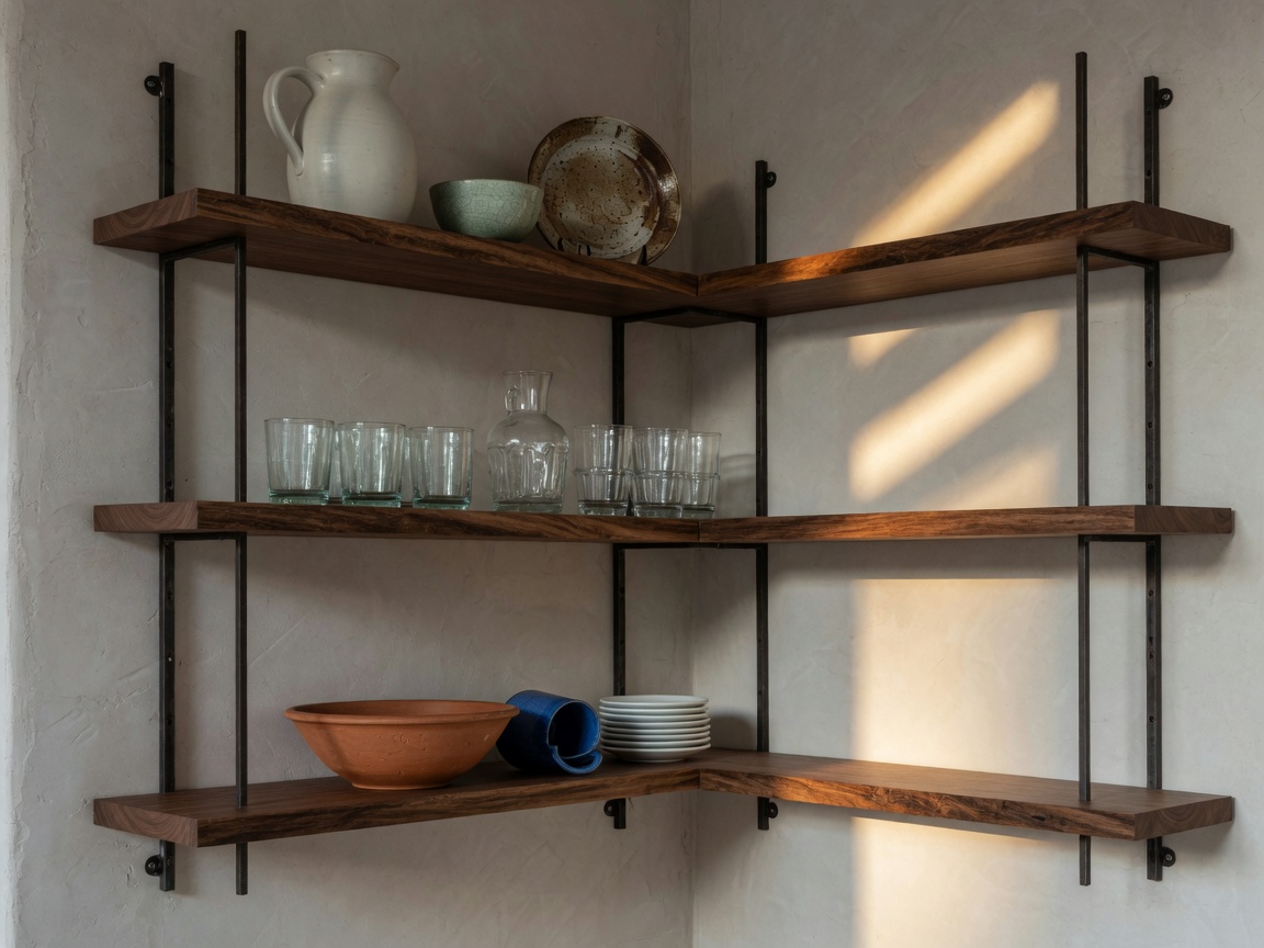 Open steel and walnut wall shelving