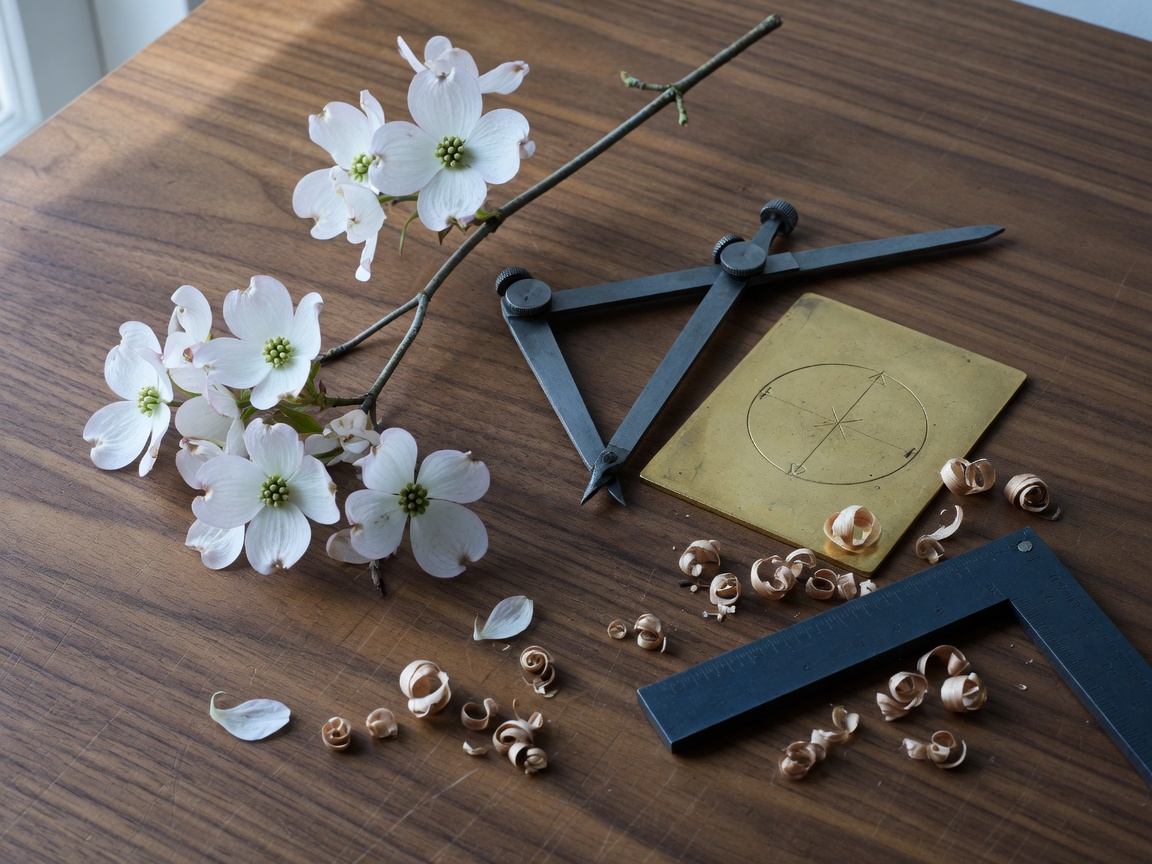 Dogwood branch, calipers, and a brass circle on a workbench