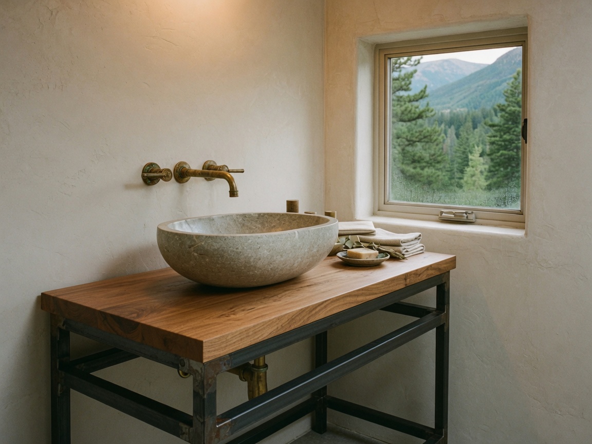 Walnut bathroom vanity with steel frame
