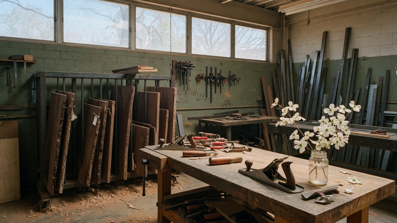 Woodshop workbench with planes and a jar of dogwood blossoms